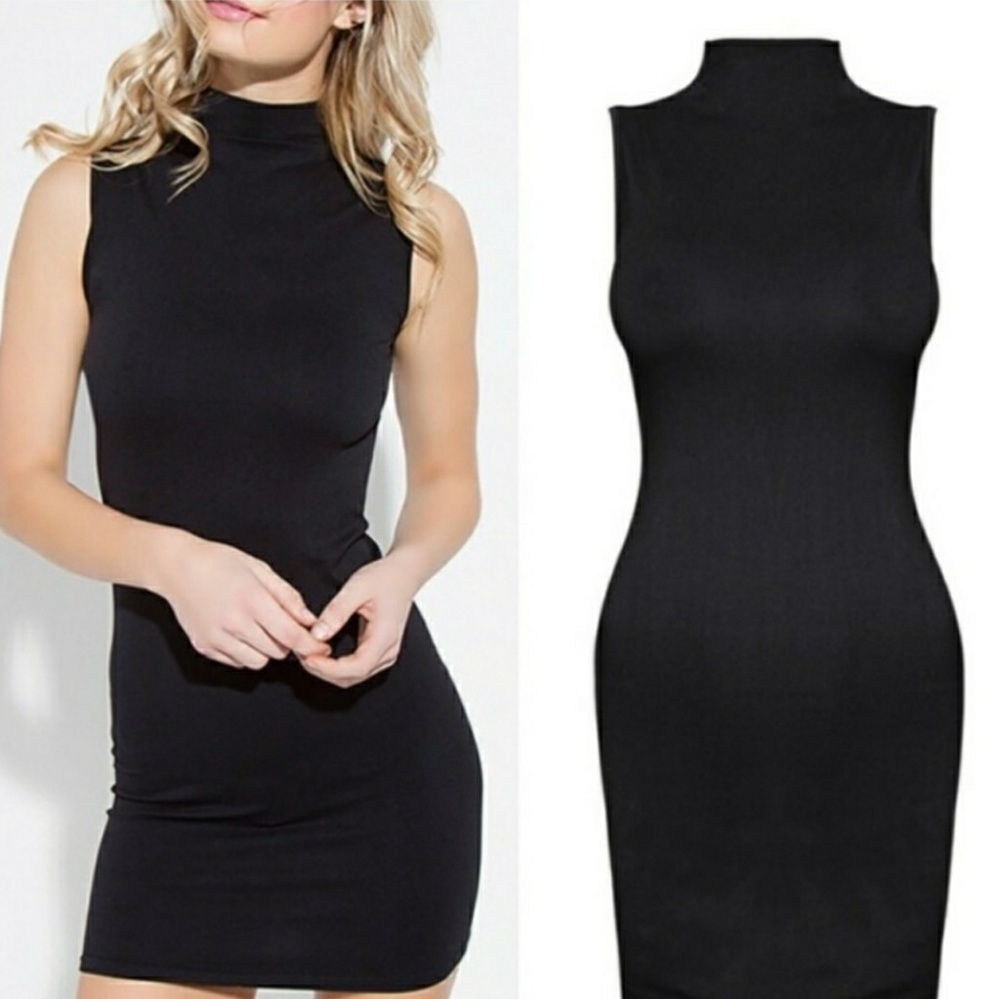 Mock Neck Sleeveless Seamless Black Dress